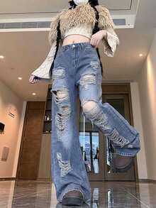 Celana Jeans Denim Rusak, Potongan Longgar, Kaki Lebar, Panjang Hingga Lantai - Medium Wash - View 6
