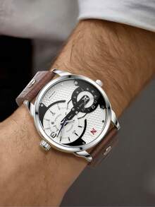 Never-Stop Men's Quartz Watch Round Color-Block Multifunction Chronograph Dial Stitched Embossed Leather Strap Workwear Men's Watch Multi-Color Options Daily Versatile Holiday Gift - one-size - View 7