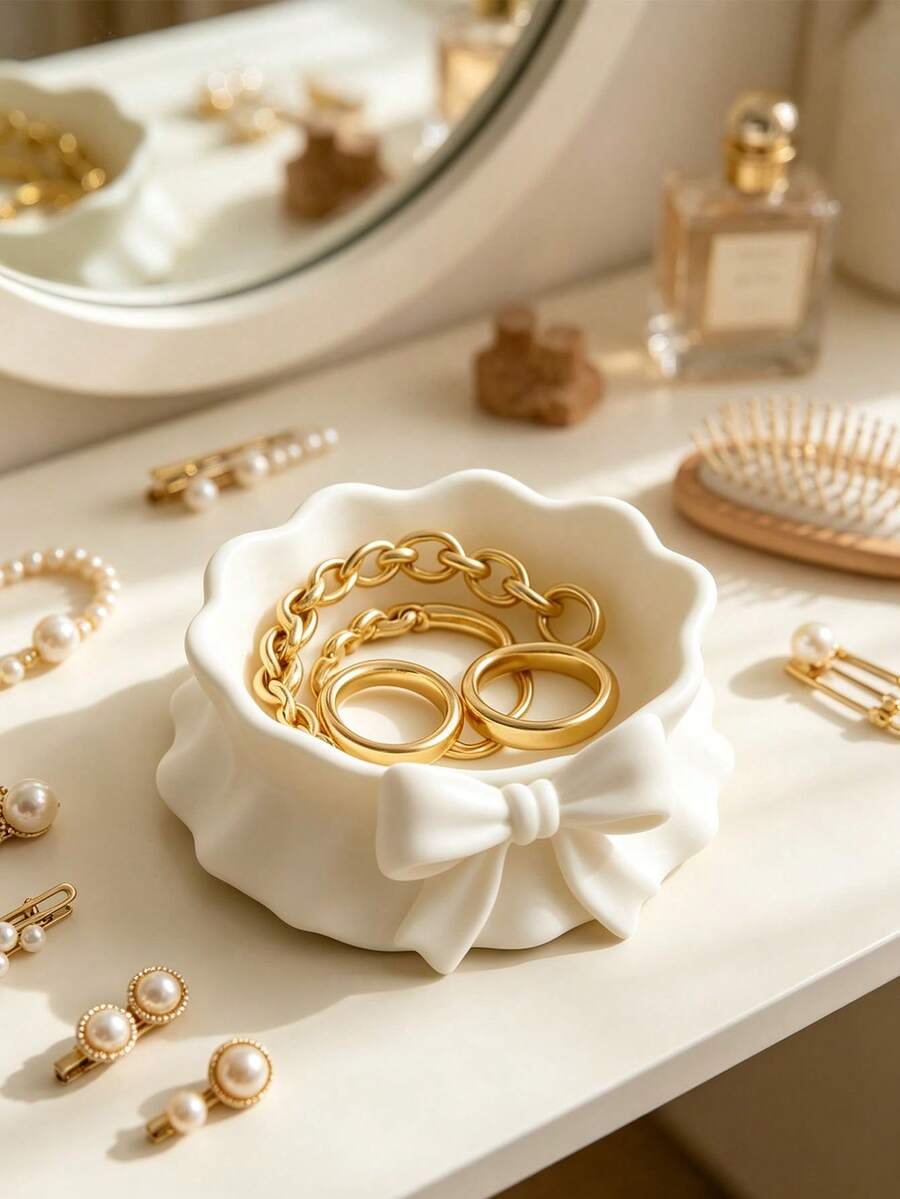 1pc Cream White Bowknot Ceramic Jewelry Tray, Ruffled Edge Decorative Trinket Dish, Tabletop Ring Necklace Earring Storage Holder