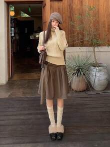 Rok A-Line Cokelat Wanita, Rok Gaya Mewah Musim Gugur/Dingin - Coklat - View 4