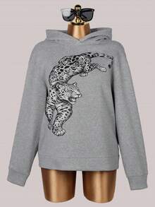 Autumn Streetwear Cheetah Graphic Top For Women Concert Wear Grey Long Sleeve Sweatshirt For Going Out For Back To School - Grey - View 8