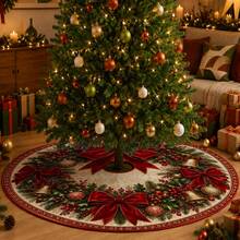 1 buah Alas Pohon Natal Bermotif, Dekorasi Liburan Warna Elegan, 5 Ukuran, Hadiah Liburan Unisex, Cocok untuk Dekorasi Rumah dan Pesta Natal - Karangan bunga pita merah beludru vintage - View 4