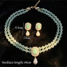 1 Set Vintage Mint Green Beaded Rhinestone Faux Pearl Necklace & Earrings Set, Suitable For Women's Party And Daily Wear - Green - View 4