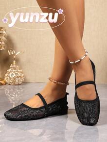 Women's Black Lace Mesh Mary Jane Shoes, Spring/Summer Breathable Hollow Out Single Strap Soft Sole Fairy Style Low Vamp Versatile Comfortable Shoes - Black - View 3