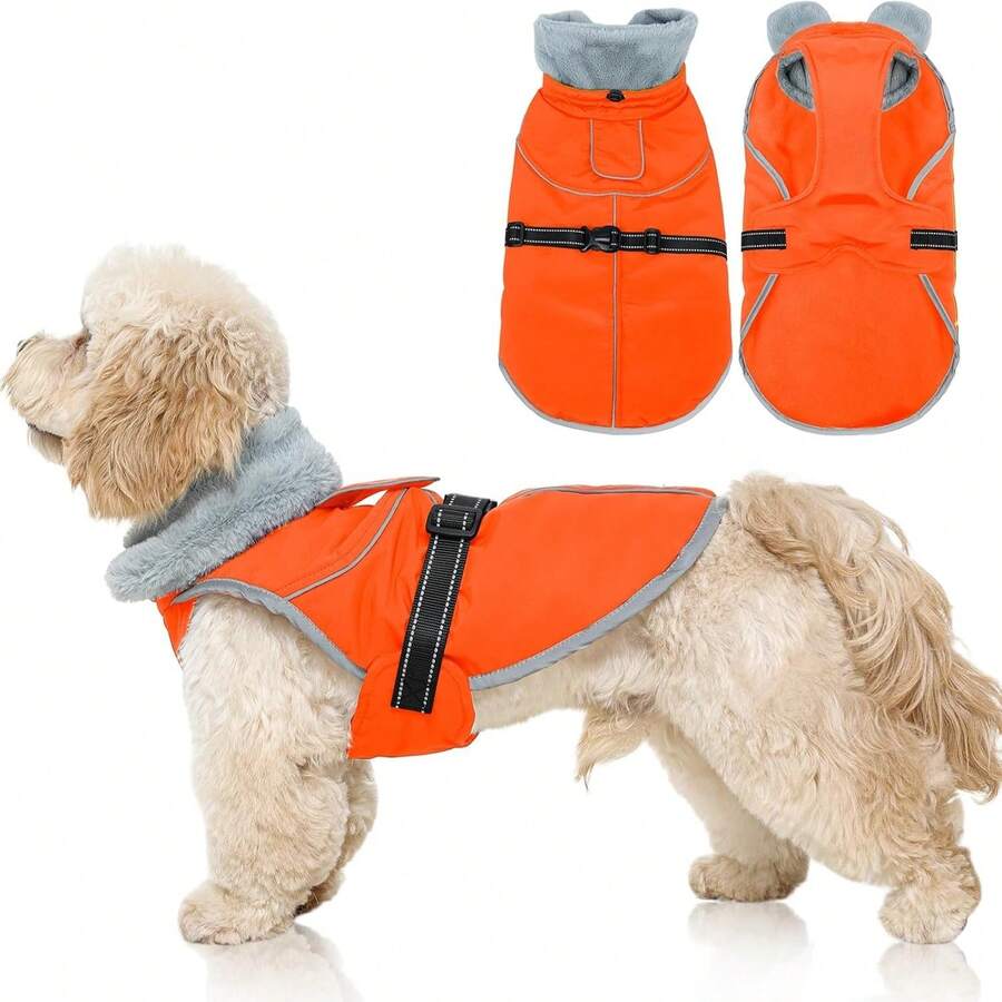 1pc Dog Coat, Warm Winter Dog Jacket With Reflective Strip, Fleece Lined, Waterproof And Windproof Cold Weather Coat, Pet Snow Suit For Small And Medium Dogs, Husky, Orange - Orange - View 1