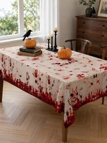 1pc Horror Bloody Handprint Halloween Polyester Tablecloth, Red Blood Splatter, Handprint & Scratch Print Rectangular Table Cover For Haunted House, Halloween Party And Spooky Table Decor - Multicolor - View 13