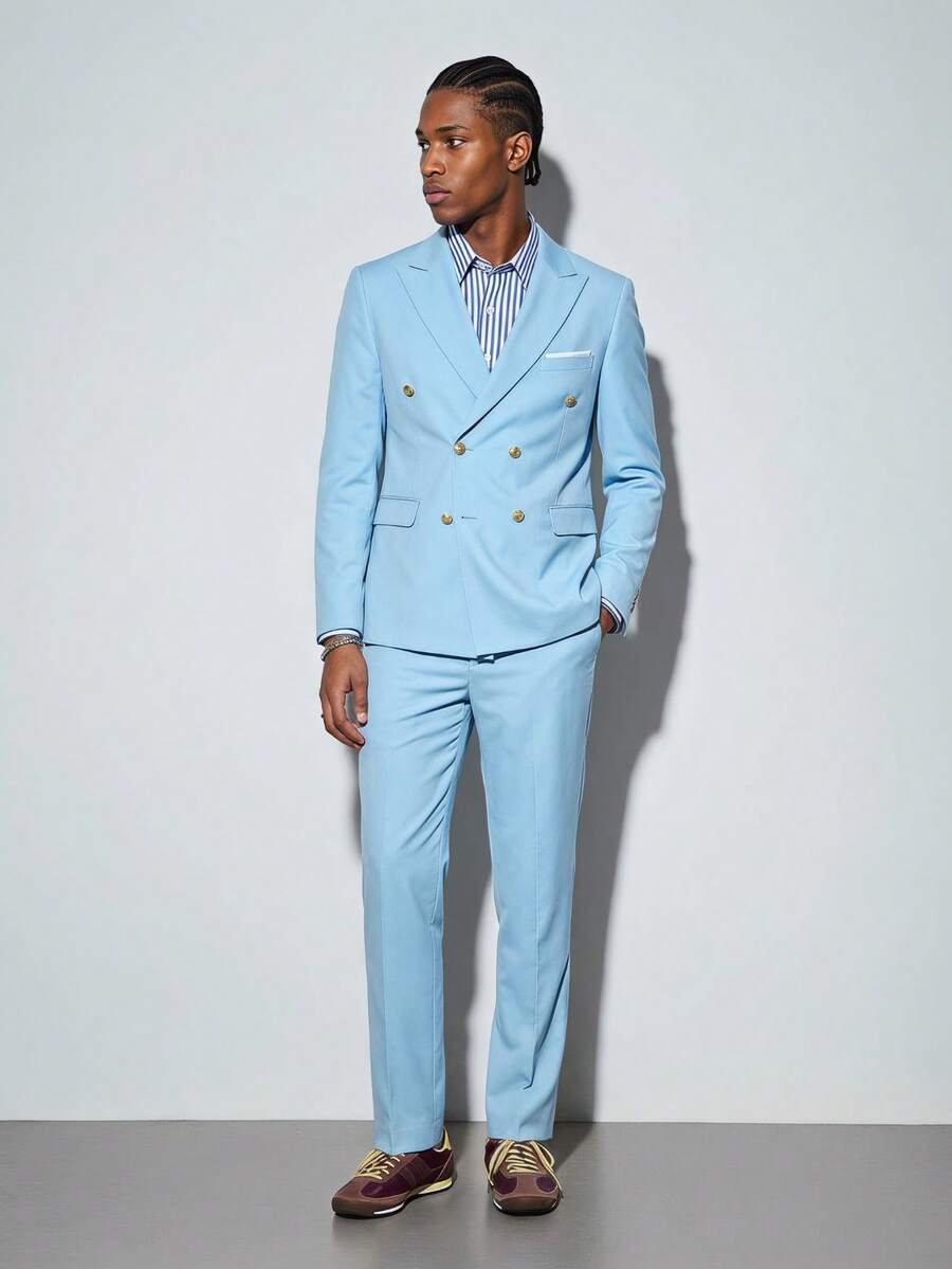 Modcrash Men's 2pcs Baby Blue Peak Lapels Double-Breasted Suits, Blazer & Pants Set, Tuxedos For Wedding/ Evening Streetwear Tailoring Outfit - Baby Blue - View 1