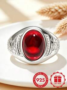 925 Sterling Silver Men's Elegant Minimalist Fashion Ring, Inlaid With Red Synthetic Zirconia, Exquisite Design, Suitable For Daily Wear, Gift, Party, Fashion Accessory, Premium Choice For Elegant Men's Jewelry. - Silver - View 8