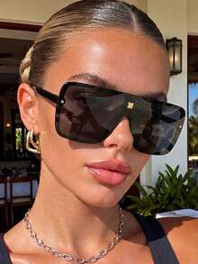 1 Pair Women's Black Oversized Square Fashion Glasses, Suitable For Daily Wear And Decorative Use - Black - View 3