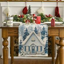 1pc Blue House Winter Christmas Table Runner, Pine Tree Snowflake, Christmas Holiday Season Kitchen Dining Table Decor, Home Party Decoration - Multicolor - View 6