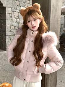 Women's Pink Oversized Fur Collar Padded Coat, Winter Warm Hooded Padded Coat - Pink - View 4