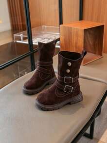 Dark Brown Mid-Calf Boots, Faux Suede, Double Buckle Strap, Metal Rivet Decor, Pull Tab, Thick Lug Sole, Side Zipper, Casual Winter Motorcycle Boots, Everyday Style - Brown - View 3