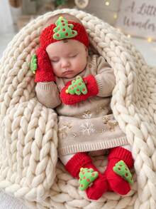 3pcs/Set Christmas Tree Gloves + Headband + Socks 3-Piece Set, Cute Children's Socks And Headband Set, Holiday Gift Set For Newborns, Christmas Outfit, Baby Christmas Gift - Red - View 4