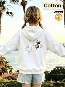 2026 Autumn/Winter Girls' Custom Loose White Hoodie, Cute Cartoon Bee And Heart Line Graphic, Casual And Adorable Style - White - View 3