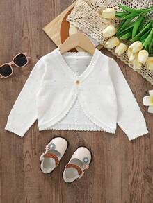 1pc Baby Girl Single Button Knit Cardigan, Lace Trim Short Bolero, Spring/Autumn Lightweight Outerwear, Versatile To Match Princess Dress, Sweet Fashionable Style - White - View 9