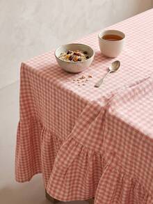 1pc Pink And White Small Checkered Tablecloth, Warm Pastoral Style, Fabric Material, Rectangular Long With Ruched Edge And Pleated Detail, Decorative And Functional, Suitable For Daily Home Dining Scenes - Pink - View 4