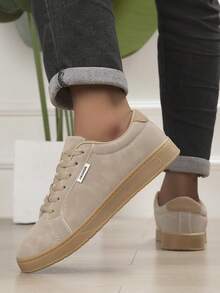 Men's Retro Street Style Skateboard Shoes Solid Color Flat Sole Casual Sneakers - Khaki - View 4