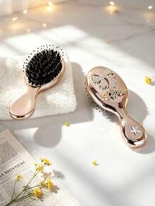 1pc/Small Portable Luxury Rhinestone Electroplated Metal Texture Air Cushion Hairbrush, Exquisite Princess Style Champagne Rose Gold, Oval Compact Handle Design, Rhinestone Bow & Love Letter Decoration, Detangling Scalp Massage, Home Dressing & Travel Hair Care Set - Air Cushion Comb - View 4