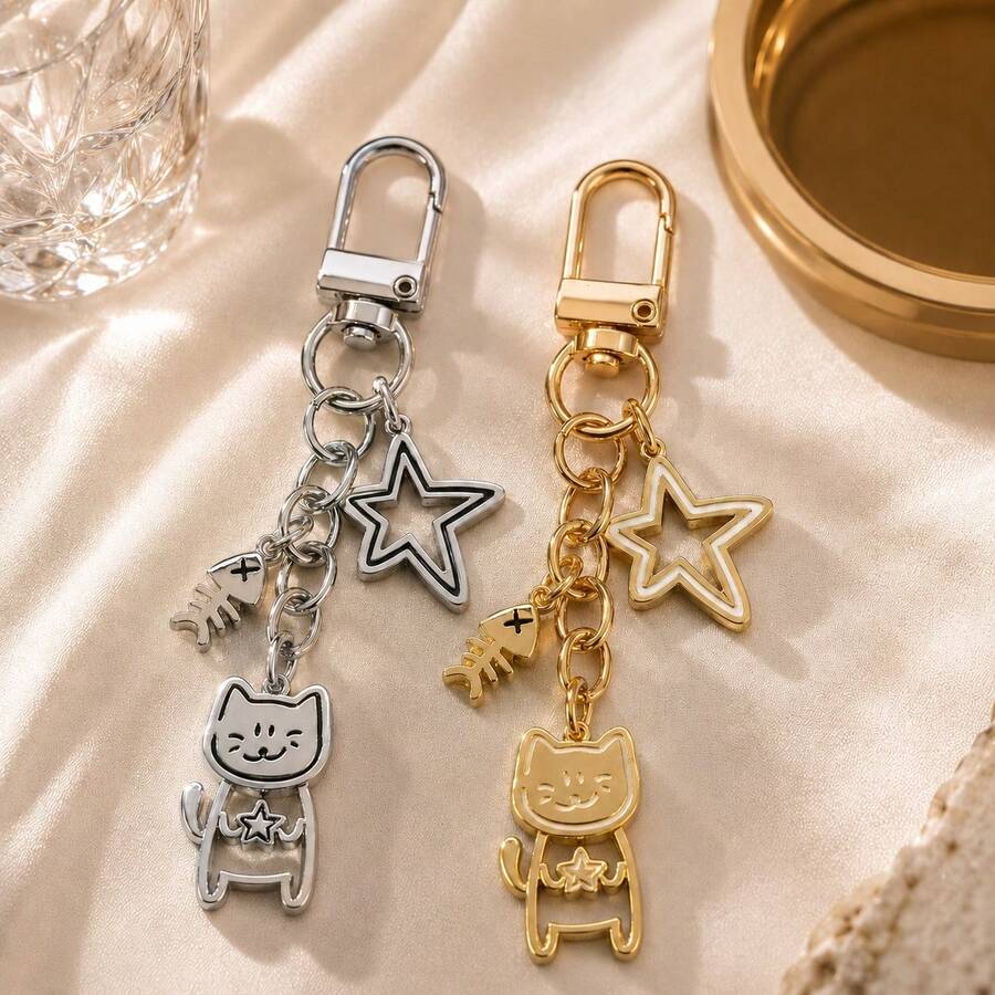 1pc/2pcs Women's Cute Hollow Cat Alloy Pendant Hollow Star Accessory Small Fish Charm Keychain Cute Bag Charm - Multicolor - View 1