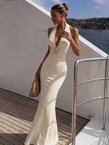 Perirose Women's White Elegant Halter Neck Deep V-Neck O-Ring Backless Fitted Maxi Dress, Summer Autumn Evening Gown- - Light Yellow - View 3