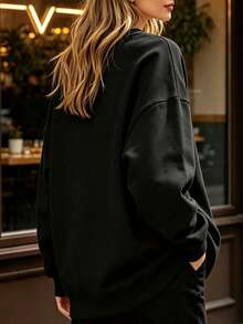 Petite Women Loose Slouchy All-Match Versatile Pullover Sweatshirt - Black - View 2