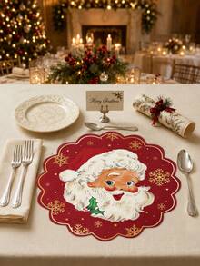 1/2/4pcs Linen Round Placemats, With Santa Claus And Christmas Snowflake Pattern, 38cm Diameter Large Size Round Family Gathering Dining Mats, Christmas Tree Snowflake Gift Pattern, Christmas Print, Suitable For Kitchen And Dining Room Decoration, Christmas Holiday Family Party Gathering Use, Utensils Not Included - Santa Claus - View 7