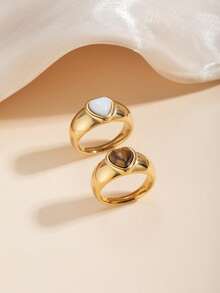 2pcs Stainless Steel Fashion Elegant Gold-Colored Rings, Inlaid With Brown And White Gemstones, Suitable For Women's Daily Wear Or Gift Giving - Yellow Gold - View 6