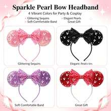 Disney 4Pcs Mouse Ear Headbands, Pearl Trim Glitter Sequin Bow Hair Hoop Set For Theme Park, Holiday & Cosplay Event - Multicolor - View 8