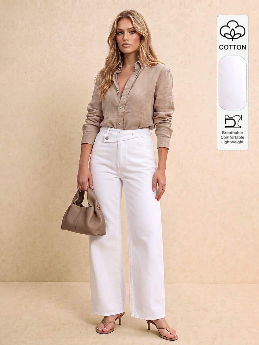 Women's Asymmetric Waistband Denim Jeans With Offset Waist Design - White - View 1