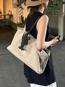 大容量刺繡托特包 女款 2026新款 休閒通勤包 亞麻帆布枕形包 無吊飾 - 杏色 - 查看 4