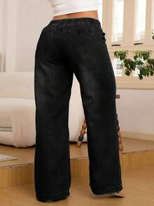 Plus Size Women's Denim Jeans, Fashionable Versatile Back Pocket Drawstring Elastic Waist Straight Leg Wide Leg Stretch Denim Pants - Black - View 5