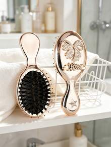 1pc/Small Portable Luxury Rhinestone Electroplated Metal Texture Air Cushion Hairbrush, Exquisite Princess Style Champagne Rose Gold, Oval Compact Handle Design, Rhinestone Bow & Love Letter Decoration, Detangling Scalp Massage, Home Dressing & Travel Hair Care Set - Air Cushion Comb - View 11