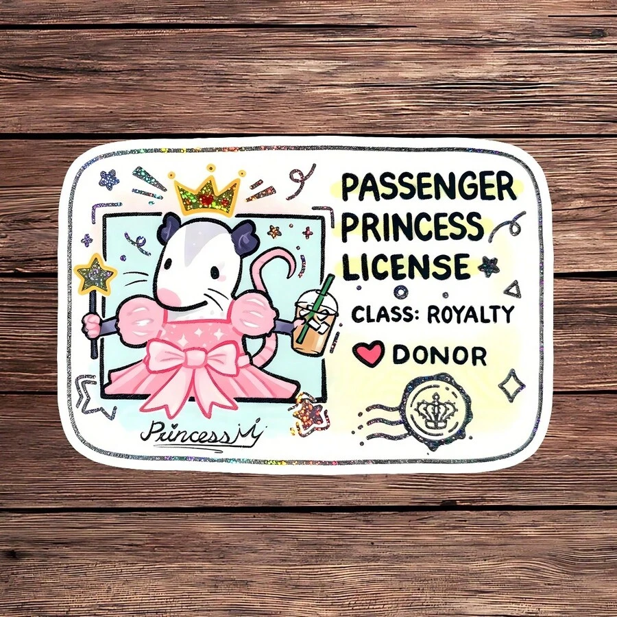 ملصق فينيل 1 قطعة بتصميم حيوان الأبوسوم اللطيف مع عبارة فكاهية للسائق وشعار Passenger Princess للابتوب وزجاجة المياه والدفتر، ملصق نكتة حيوانية مقاوم للماء، إكسسوارات قرطاسية جمالية وسكرابوكينج، هدية لها - S2512 - مشاهدة 1