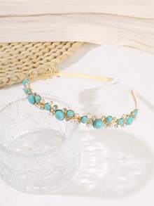 1pc Fashion Elegant Pearl Rhinestone Turquoise Alloy Headband Hair Accessory For Women, Suitable For Daily Wear, Autumn/Winter Party Outfit, New Year Gift For Friends - Multicolor - View 6
