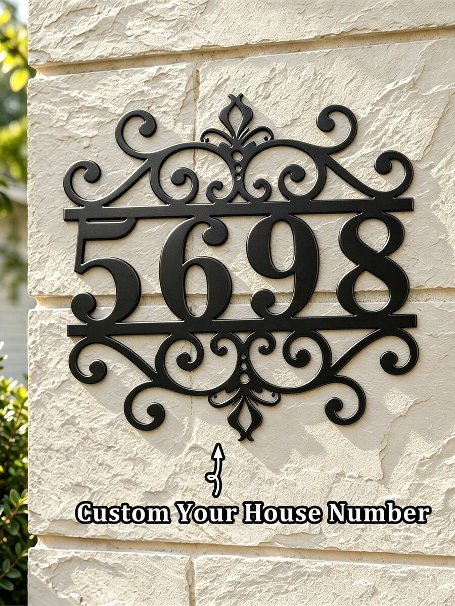4 Sizes Available!Custom Metal House Number Sign, Ornate Scroll Wrought‑Iron Style Address Plaque, Personalized Black Cutout House Numbers, Weather‑Resistant Outdoor Wall Decor For Front Door, Porch, Gate, Housewarming Gift - Black - View 1