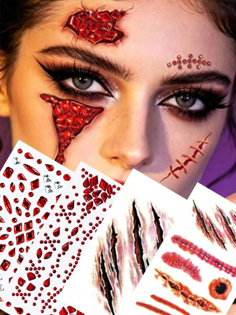 2/4 Sheets Halloween Face Gems Stickers & Fake Tattoos Blood, Realistic Scars Temporary Tattoos, Zombies Vampire Makeup Kit Decorations, Halloween Costumes Accessories For Women Men - Multicolor - View 1