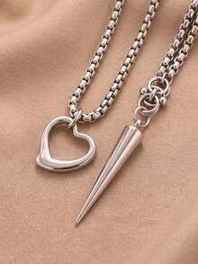 Layered Chunky Cuban Chain Double Layer Necklace, Heart Lock & Cone Pendant Design, Street Style Punk Music Festival Women's Necklace Accessory - Silver - View 7