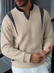Men's Autumn Casual Long Sleeve Jacquard Fabric Patchwork Style T-Shirt - Khaki - View 1