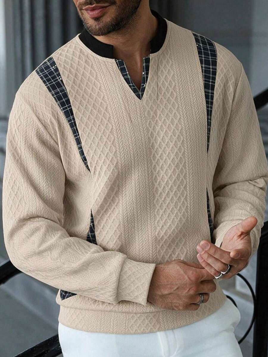 Men's Autumn Casual Long Sleeve Jacquard Fabric Patchwork Style T-Shirt - Khaki - View 1