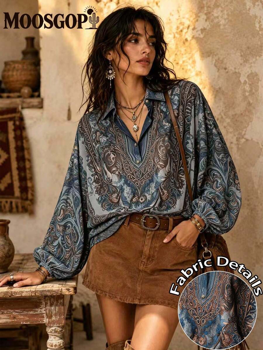Women's Casual Ditsy Floral Drop Shoulder Long Sleeve Blouse, Versatile For Daily Wear, Autumn/Winter Spring Vacation