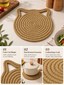 1pc Cat-Shaped Woven Heat Resistant Trivet Round Table Mat Hot Pad Pot Holder Placemat For Plates Bowls Pans And Cookware, Kitchen Dining Table Countertop Coffee Table Home Decor Daily Meals Holiday Party Gift - View 3