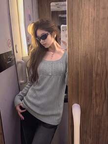 Women's Twisted Knit Solid Color Square Neck Base Layer Top, Autumn/Winter Long Sleeve Knit Top, Y2K Tops - Baby Blue - View 1