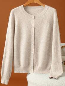 HEYMINI Women's New Round Neck Basic Knit Wool Cardigan, Soft And Versatile Autumn/Winter Long Sleeve Sweater, Perfect For Daily Wear - Apricot - View 9