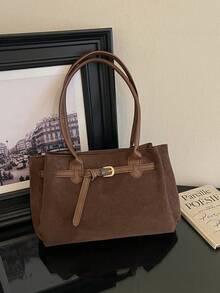 1pc Vintage Coffee Color Faux Suede Large Capacity Women's Tote Bag, Daily Commute Shoulder Bag With Buckle Detail, Fashion Handbag Suitable For Work And Travel - Coffee Brown - View 10
