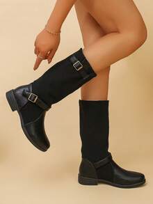Vintage Ruched Tall Riding Boots For Women, Square Toe Chunky Heel Pant Boots, Soft Leather Shaft Long Boots, Cool Street Style Versatile Slimming Autumn/Winter Women's Boots - Black - View 6