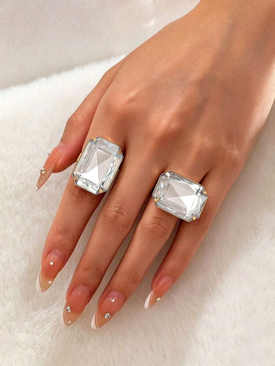 2pcs/Set Elegant Vintage Luxury Inlaid White Rectangular Rhinestone Women's Ring Set, Suitable For Gift, Party, Daily Wear - Rectangular White - View 1