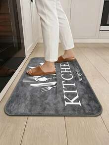 1pc Kitchen Rug With Letter Pattern, Vintage Polyester Kitchen Mat, Suitable For Kitchen And Room Decor - Grey - View 5