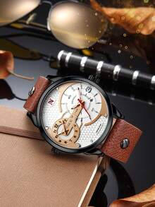 Never-Stop Men's Quartz Watch Round Color-Block Multifunction Chronograph Dial Stitched Embossed Leather Strap Workwear Men's Watch Multi-Color Options Daily Versatile Holiday Gift - one-size - View 12
