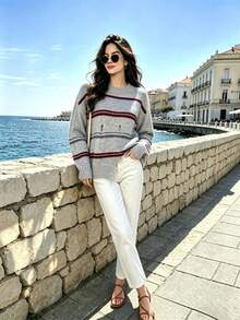 Autumn Arrival New Style Holiday Streetwear Ripped Frayed Color‑Striped Loose Casual Crew Neck Sweater - Multicolor - View 6