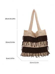 Tas Tote Rumbai Colorblock Vintage, Tas Anyaman Bergaris dan Berumbai, Tas Bahu Kapasitas Besar Kasual Gaya Liburan Santai - MultiWarna - View 3